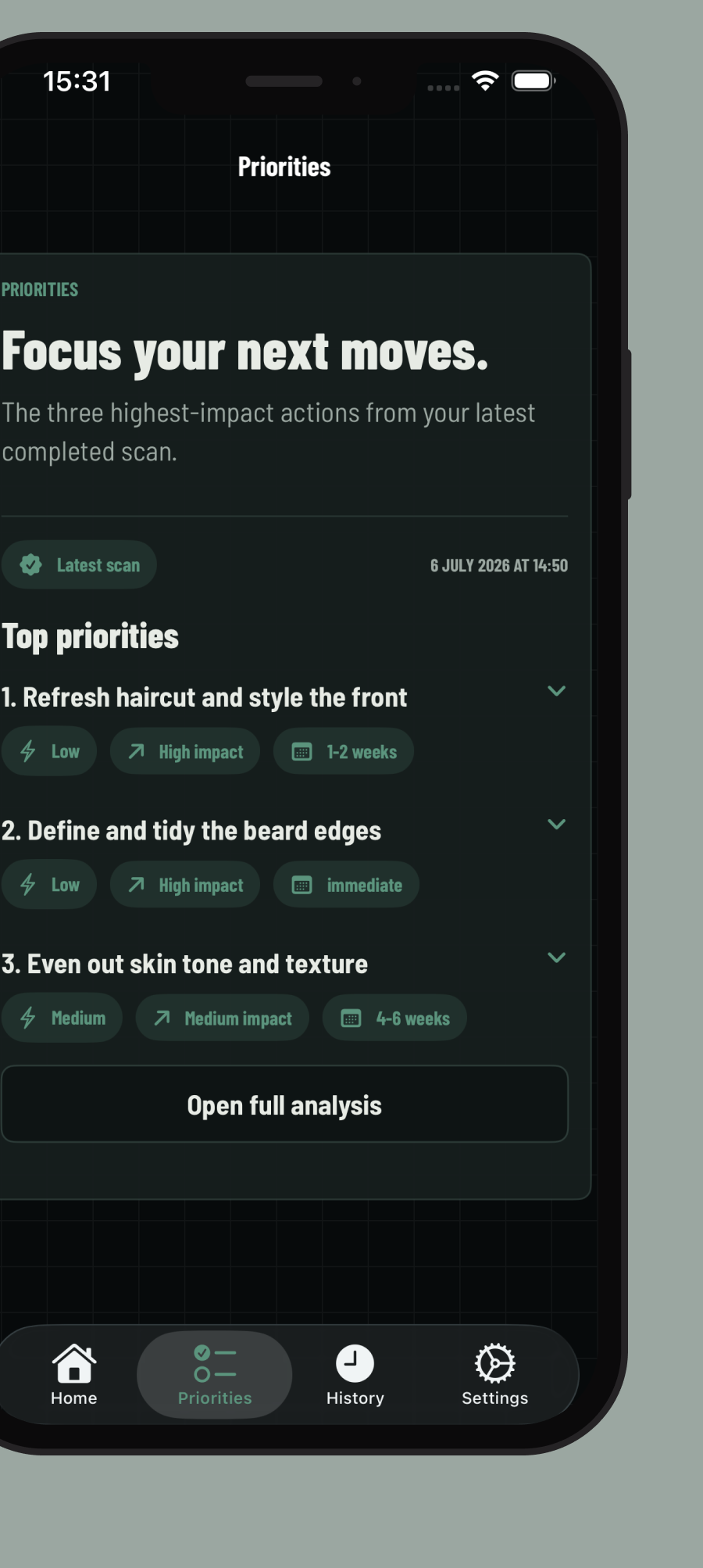 Clarifit priorities screen with three actions ranked by impact